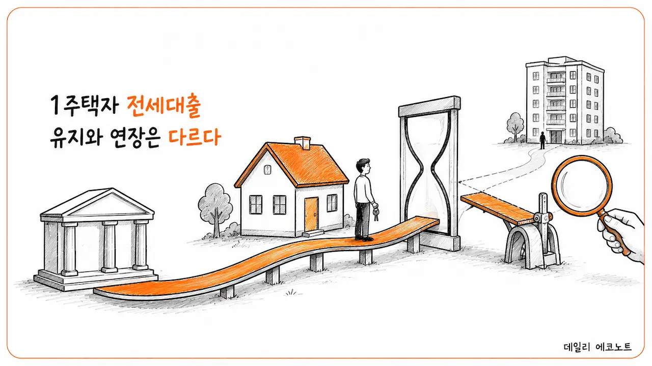 기존 전세대출의 유지와 만기연장이 서로 다름을 표현한 손그림