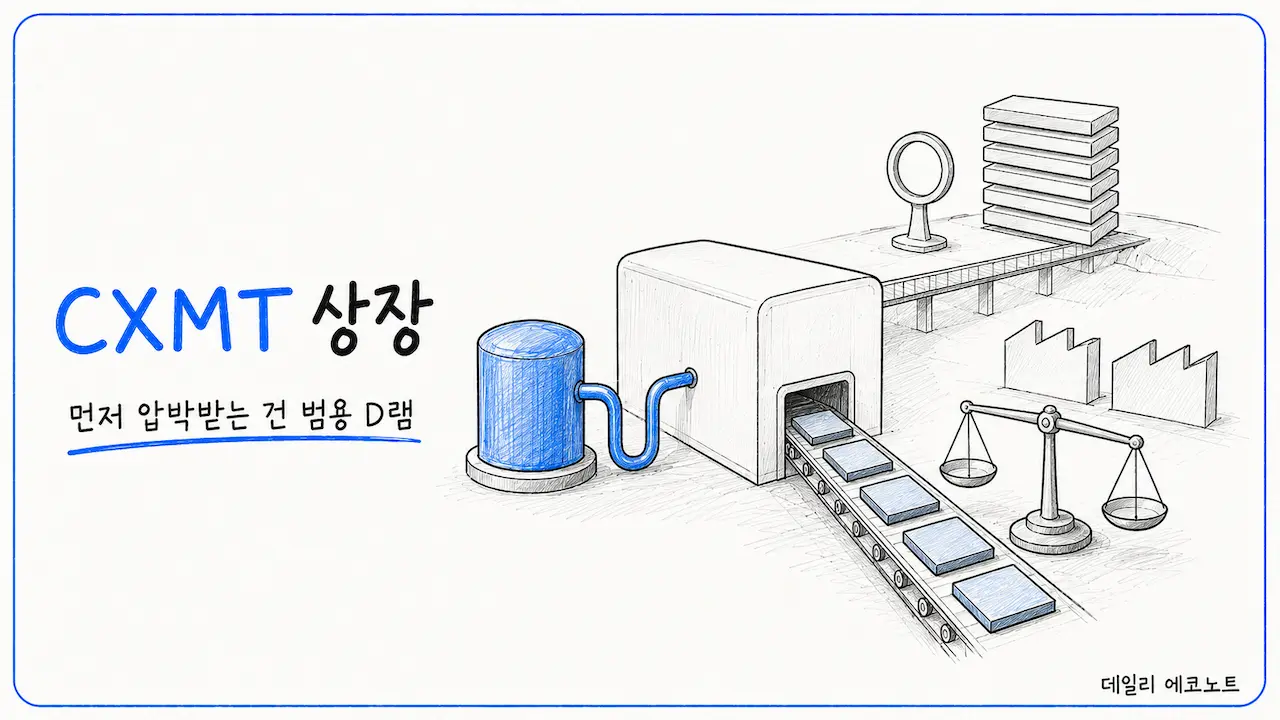 상장 자금이 범용 D램 생산라인으로 이어지고 HBM 적층 구조는 먼 시험 관문 뒤에 있는 일러스트
