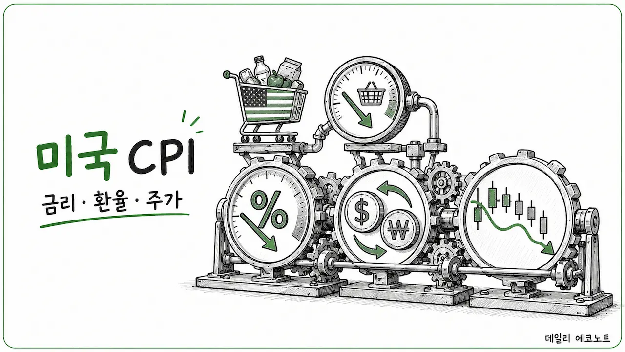 미국 CPI 하락이 금리와 환율, 주가에 전달되는 과정을 연결된 톱니바퀴로 표현한 이미지