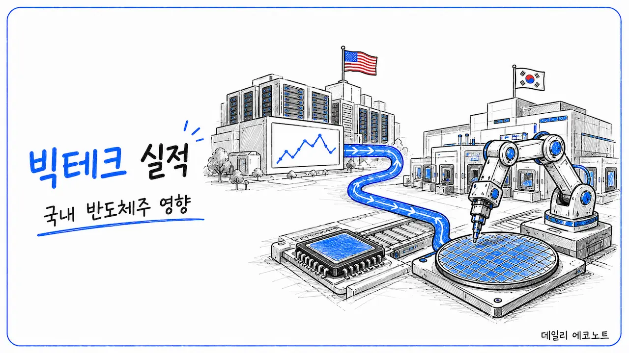 미국 빅테크 데이터센터의 실적 흐름이 국내 반도체 공장과 웨이퍼 생산으로 연결되는 모습을 표현한 일러스트