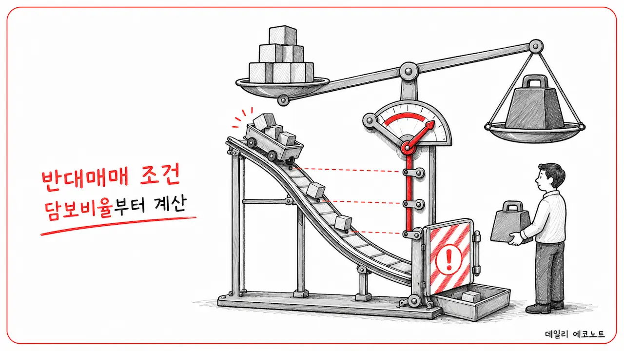 주가 하락과 신용금액에 따라 담보비율과 반대매매 조건이 달라지는 손그림