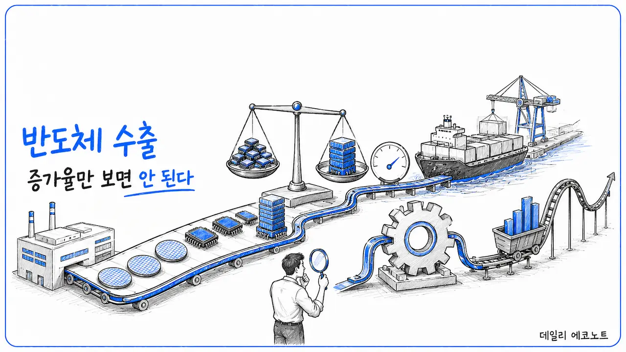 반도체 생산과 수출이 기업이익을 거쳐 주가에 연결되는 과정을 표현한 손그림