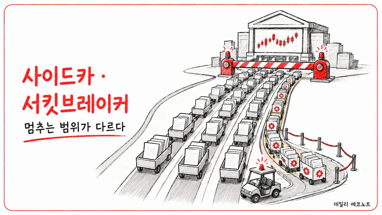 프로그램 주문만 대기시키는 사이드카와 시장 전체 주문을 멈추는 서킷브레이커를 비교한 일러스트