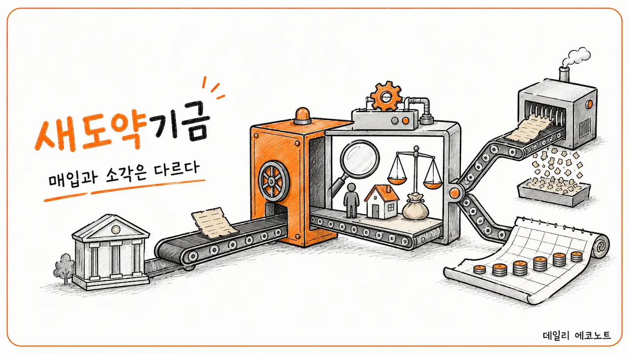 매입된 장기연체채권이 상환능력 심사를 거쳐 소각 또는 장기 채무조정으로 나뉘는 일러스트