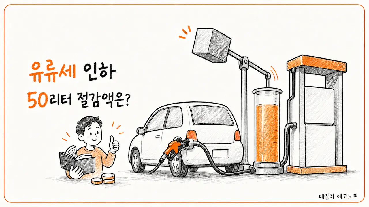 유류세 인하에 따른 50리터 주유 절감액을 표현한 주유소 손그림