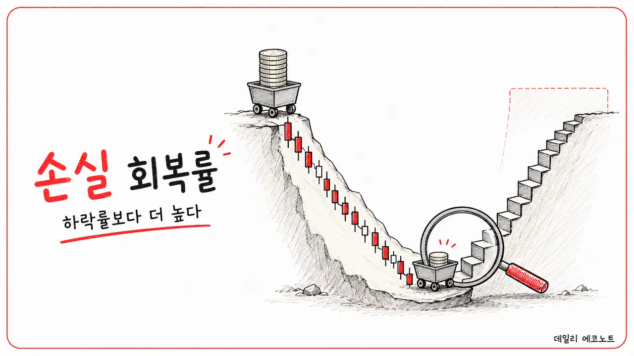 투자금이 계곡을 내려가 줄어든 뒤 원금 높이까지 더 가파른 계단을 올라야 하는 일러스트
