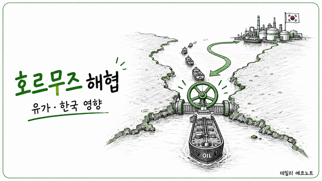 좁은 해협을 통과하려는 유조선 행렬과 통로의 밸브, 한국 정유시설로 이어지는 항로를 표현한 일러스트
