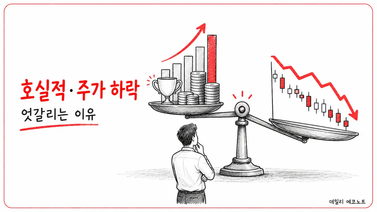 호실적에도 주가가 하락하는 상황을 실적과 주가가 엇갈리는 저울로 표현한 이미지
