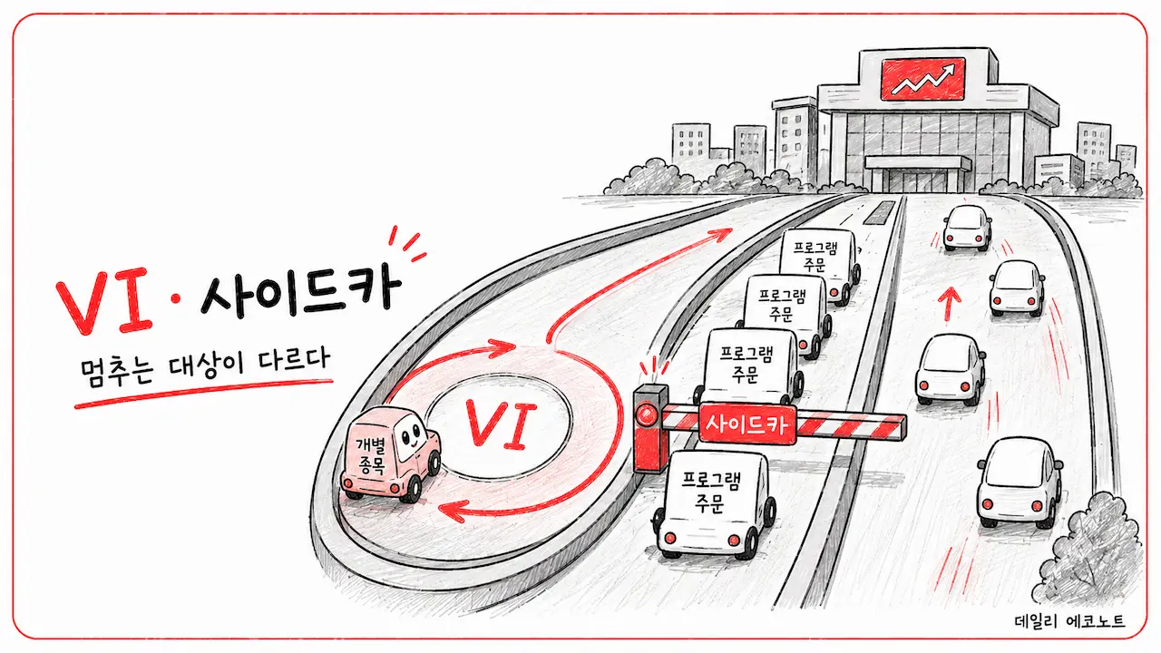 개별 종목은 VI 구간으로, 프로그램 주문은 사이드카 차단기로 나뉘어 흐르는 주식시장 도로 일러스트