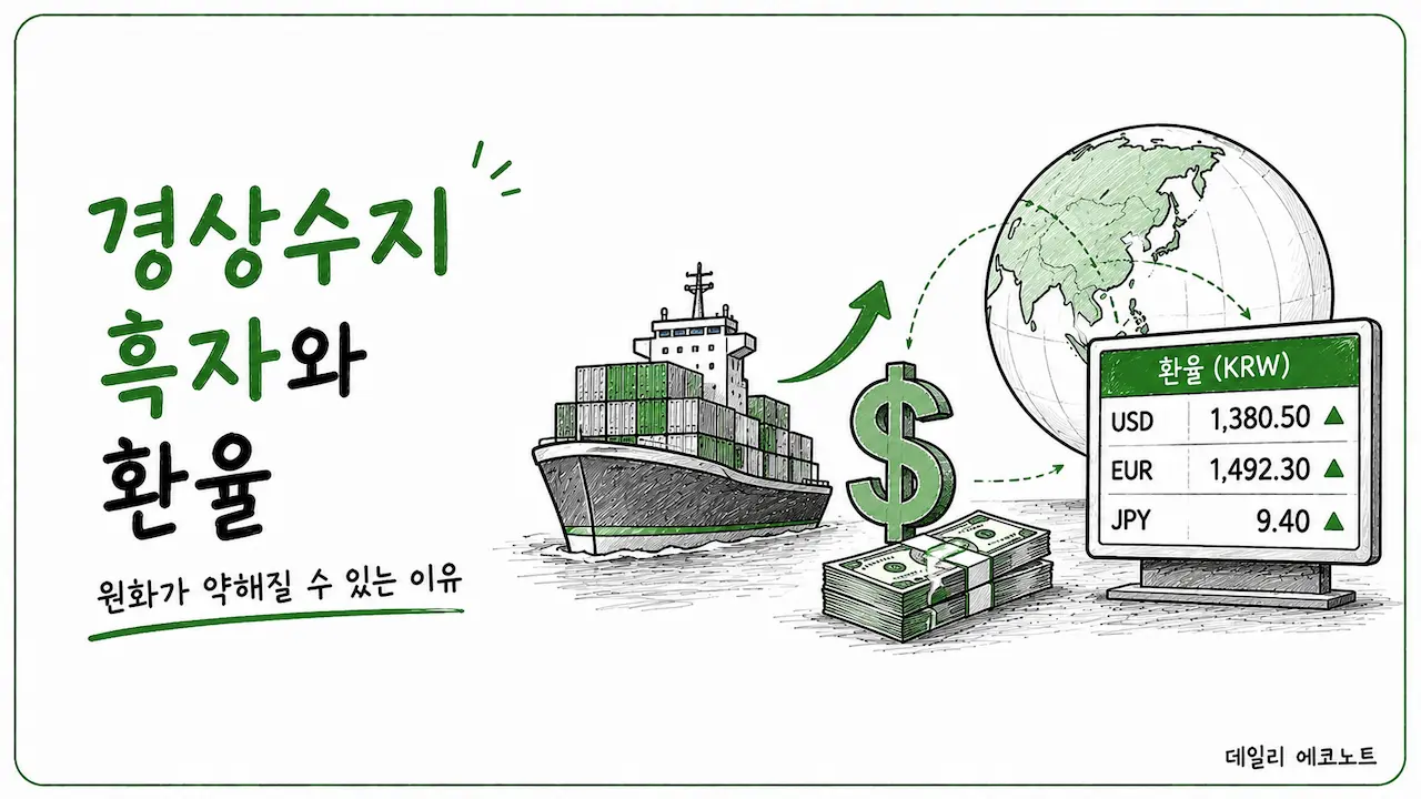 경상수지 흑자와 환율 관계를 표현하는 일러스트