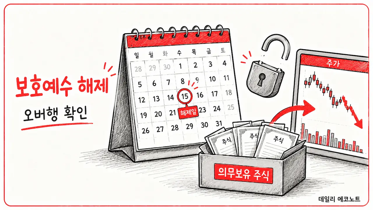 보호예수 해제일을 앞둔 의무보유 주식이 시장에 풀리며 오버행 가능성을 보여주는 장면