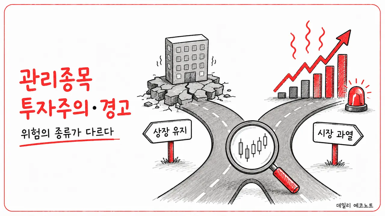 관리종목은 상장 유지 위험, 투자주의·투자경고는 시장 과열 위험을 가리키는 갈림길 일러스트