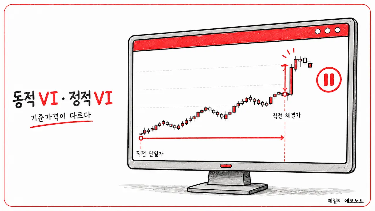 직전 단일가격부터 누적된 주가 움직임과 직전 체결가격에서의 순간 급변을 비교한 동적 VI·정적 VI 일러스트