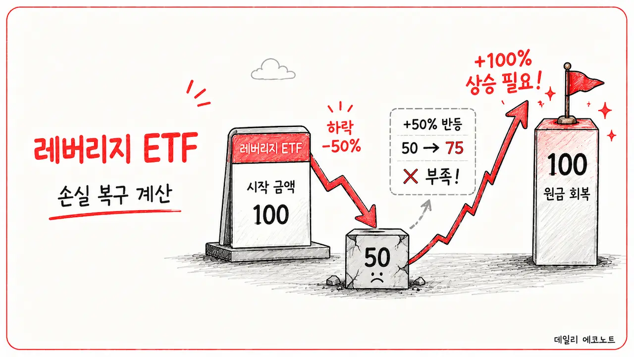 기초지수는 원래 수준으로 돌아왔지만 레버리지 ETF는 손실이 남을 수 있음을 두 경로로 비교한 장면