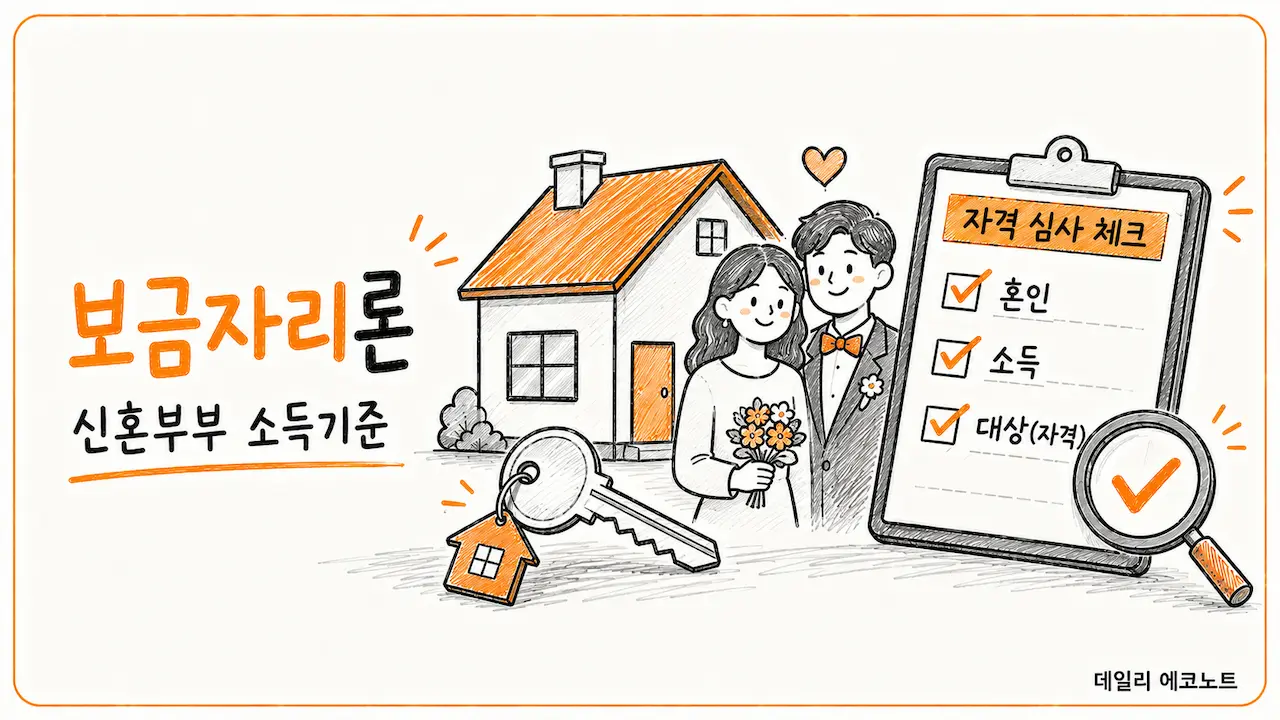 신혼부부와 주택, 소득 기준 체크 문서를 함께 배치해 보금자리론 적용 조건을 확인하는 장면