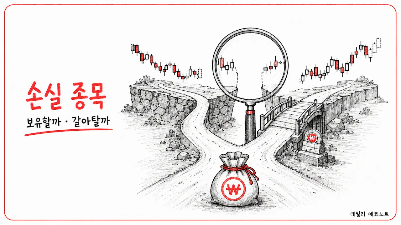 남은 투자금 앞에서 기존 손실 종목과 새로운 종목의 향후 가능성을 돋보기로 비교하는 갈림길 일러스트