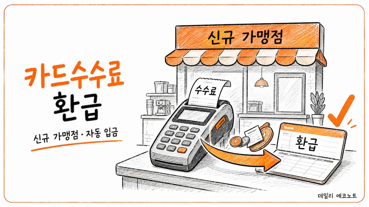 신규 카드가맹점의 카드수수료 차액이 자동으로 환급되는 모습을 표현한 매장 일러스트