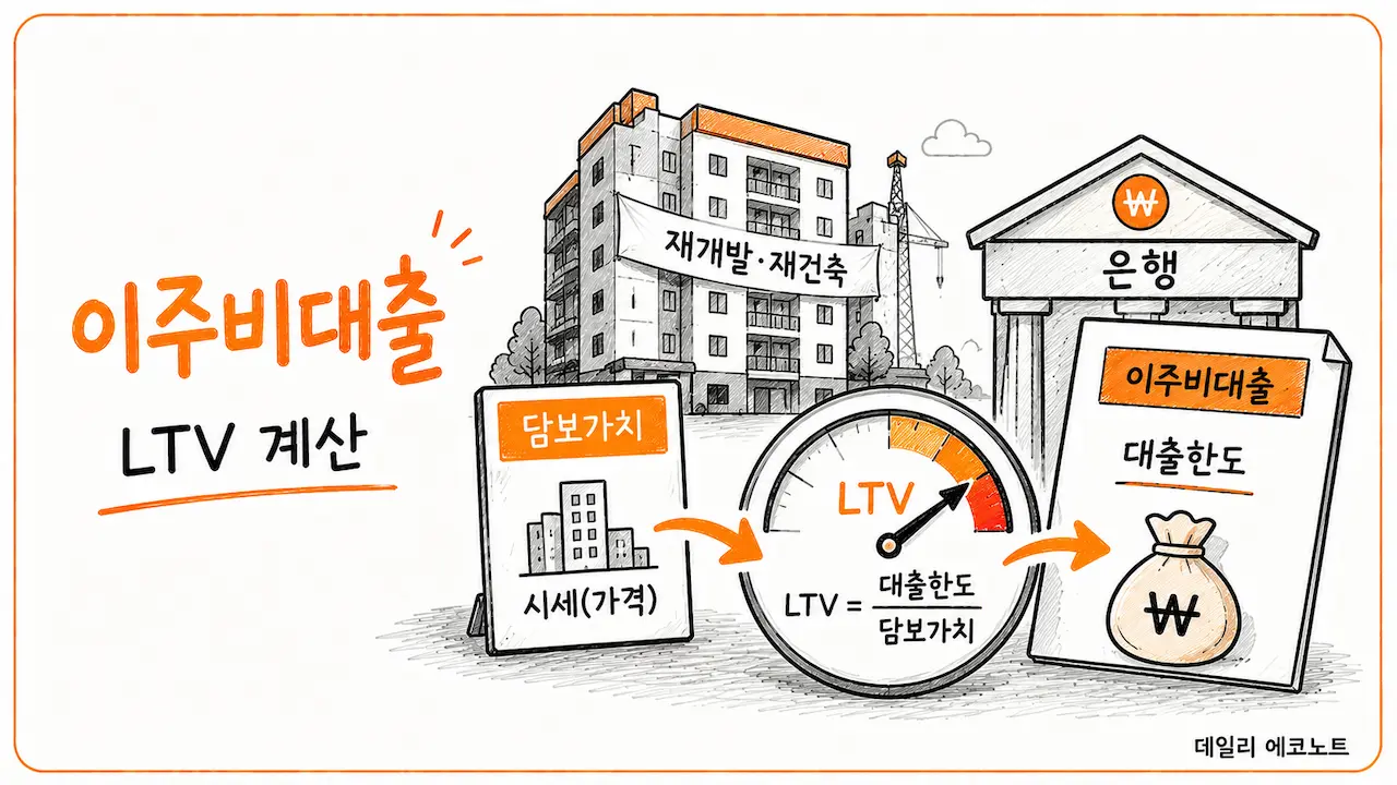 이주 대상 주택과 담보 기준 문서, LTV 계산기로 대출 한도를 계산하는 장면