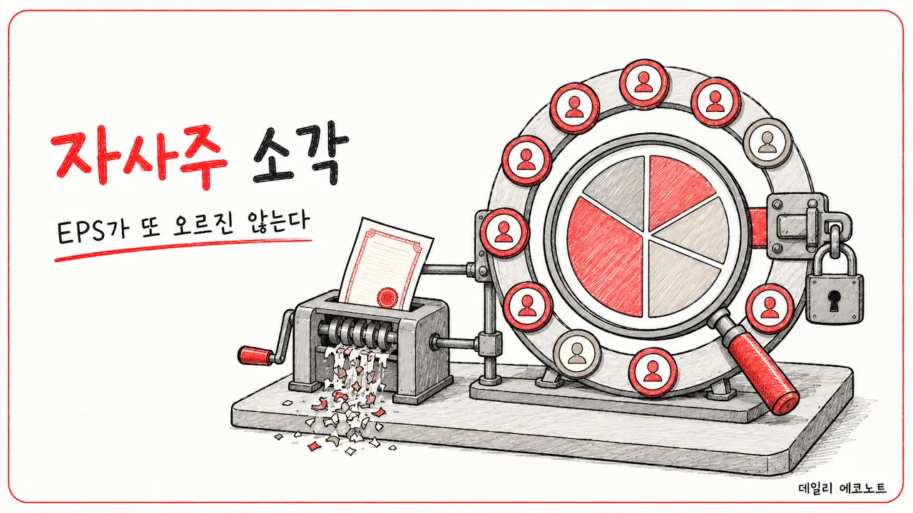 이미 유통주식수에서 빠진 자사주가 소각되고 줄어든 주식 구조가 고정되는 일러스트