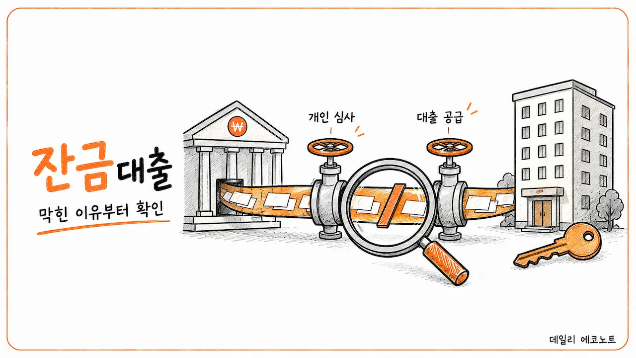 은행과 아파트를 잇는 잔금대출 자금 통로에서 개인 심사와 대출 공급의 막힌 지점을 확인하는 일러스트
