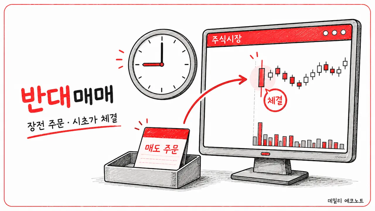 장전에 준비된 반대매매 주문이 오전 9시 시초가 체결로 이어지는 모습을 표현한 일러스트