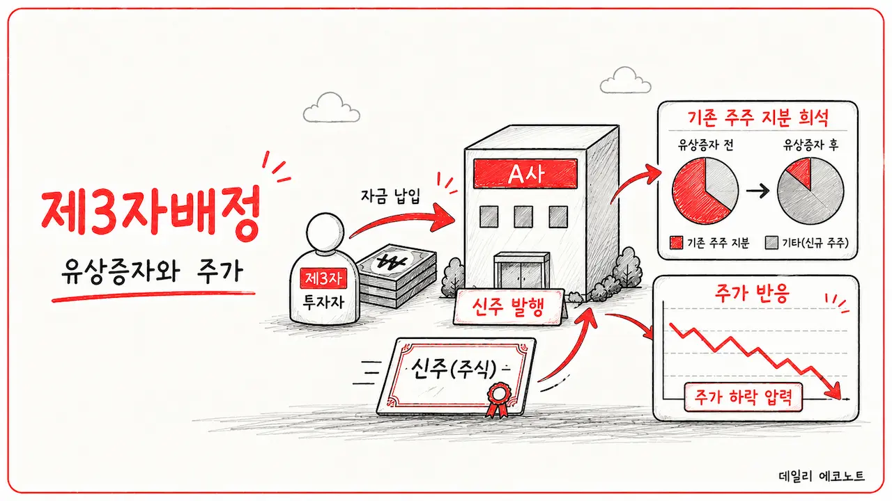 상장사가 제3자 투자자에게 신주를 발행하고 호재와 악재가 갈리는 구조를 표현한 장면