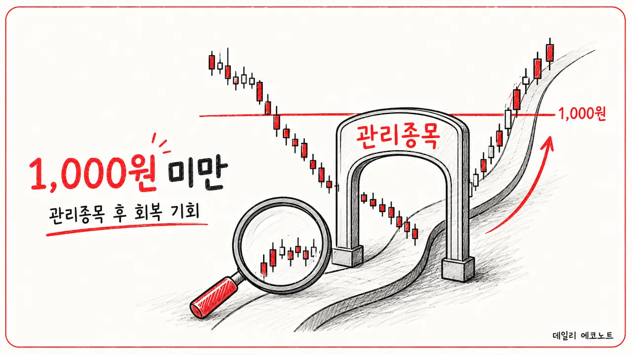 주가가 1,000원 기준선 아래에서 관리종목 관문을 통과한 뒤 회복 경로로 이어지는 일러스트