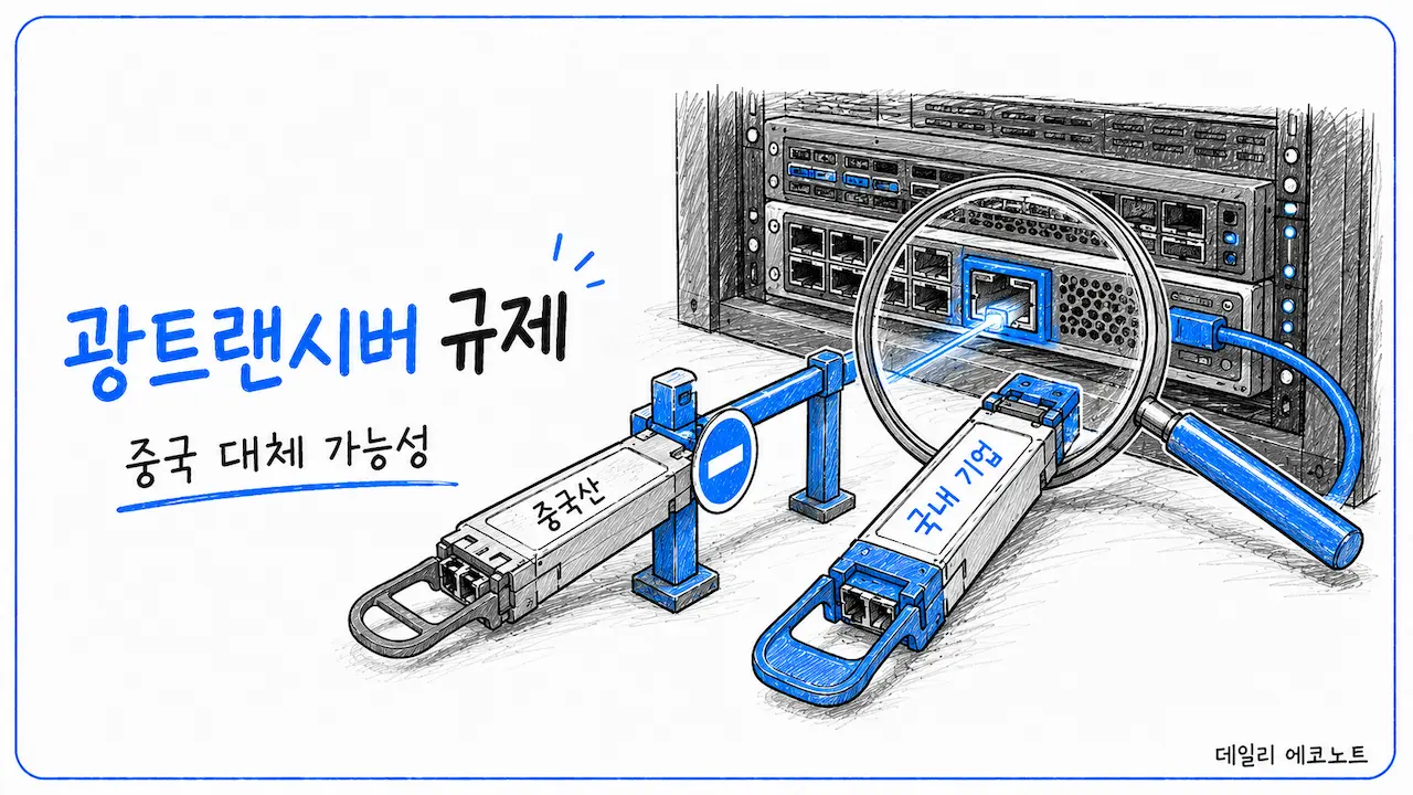 중국산 광트랜시버는 제한되고 국내 기업 모듈은 데이터센터 포트 적합성을 확인받는 일러스트