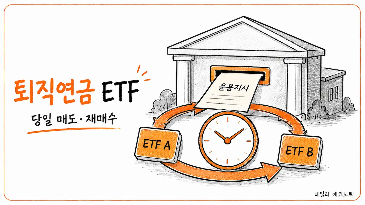 은행에 운용지시를 제출한 뒤 퇴직연금의 ETF A를 매도하고 같은 날 ETF B를 재매수하는 일러스트