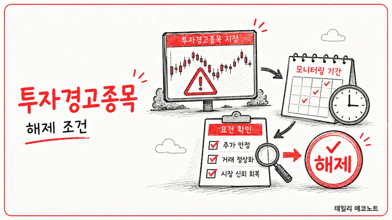주가 차트의 경고 표시와 기간·조건을 확인한 뒤 잠금이 풀리는 구조를 표현한 장면