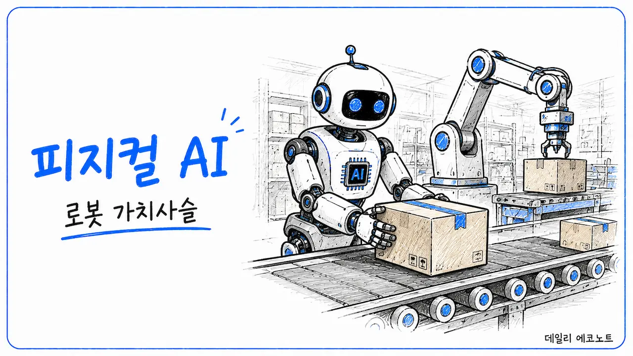 제조·물류 현장에서 로봇과 로봇팔이 상자를 옮기는 피지컬 AI 로봇 산업 장면