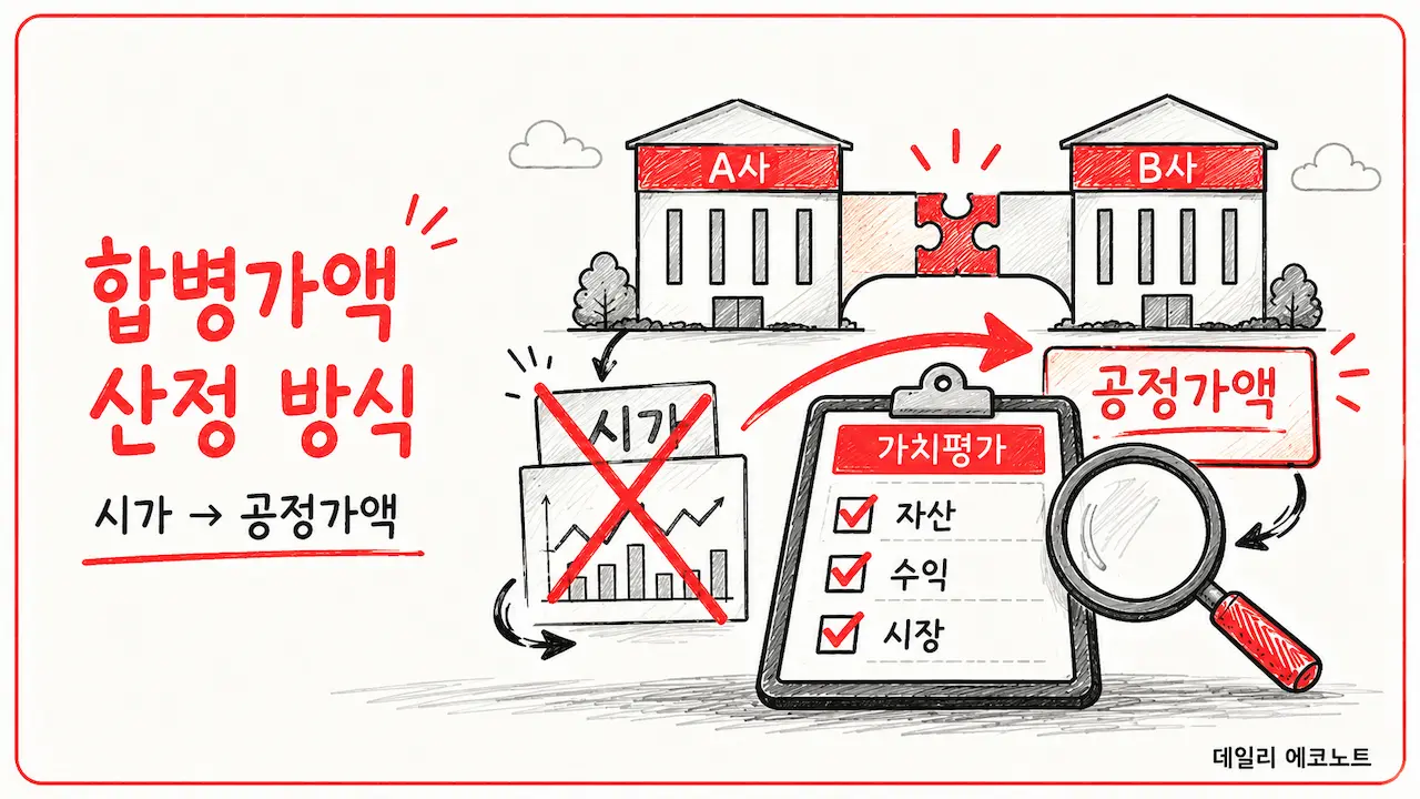 합병가액 산정 방식에서 시가와 공정가액을 비교하는 저울과 기업 합병 가치평가 장면