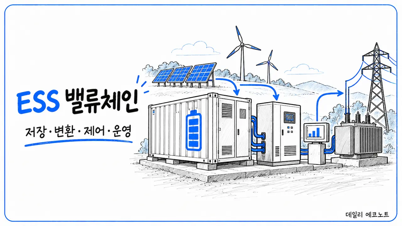 태양광·풍력 전력이 배터리 컨테이너와 PCS, 제어 설비, 변압기를 거쳐 전력망으로 연결되는 ESS 밸류체인 일러스트