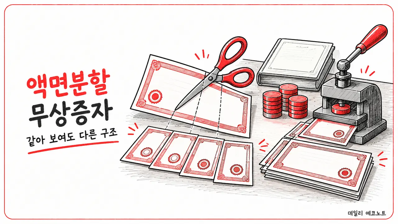 가위로 한 장의 주권을 나누고 준비금을 이용해 새 주권을 찍어내는 장면으로 액면분할과 무상증자의 차이를 표현한 일러스트