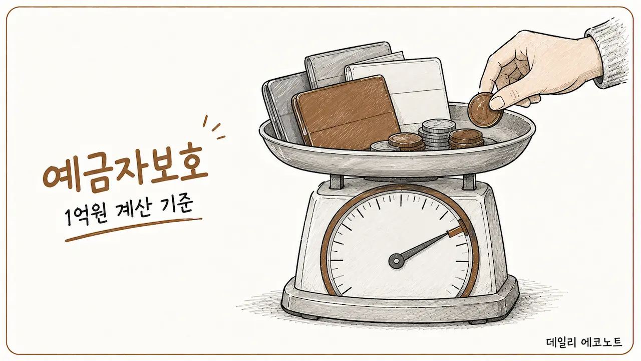여러 통장과 동전을 하나의 저울에 올려 예금자보호 1억원 합산 기준을 나타낸 브라운 손그림 일러스트