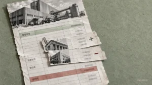 공장 사진과 금융·세금 관련 문서가 겹쳐진 손익계산서에서 영업이익과 순이익을 구분한 장면