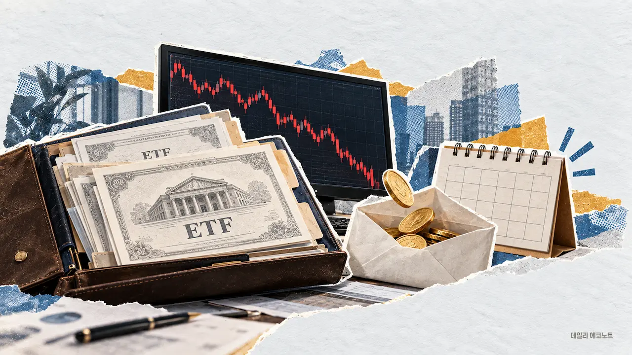 커버드콜 ETF 증서와 하락 차트 옆으로 분배금 동전이 들어오는 봉투와 달력